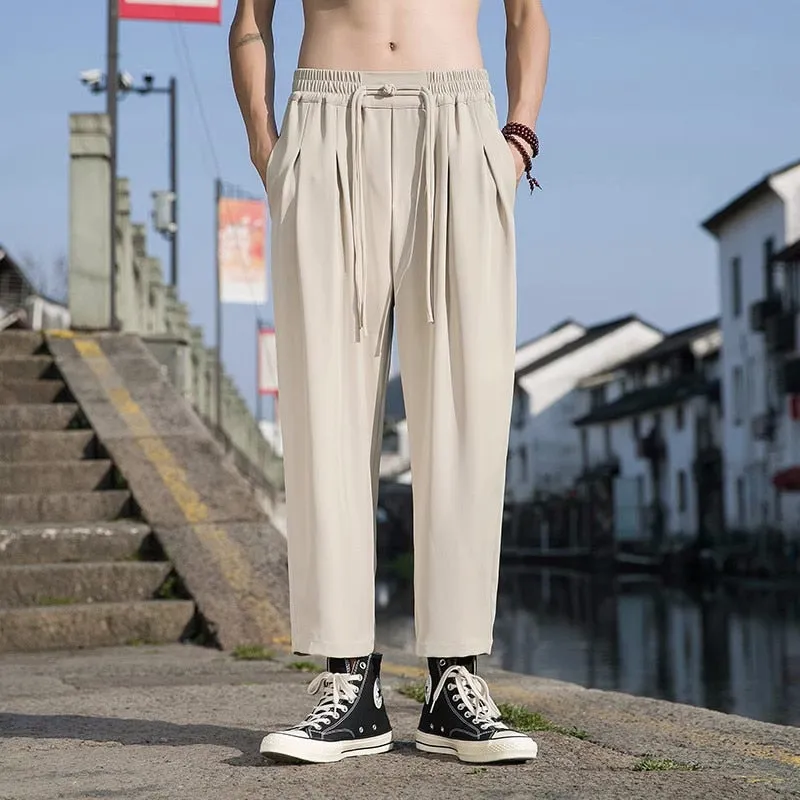 2023 Summer Men's Chinese Style High Street Casual Pants Elastic Waist Loose Sweatpants Black/Grey/Khaki Color Trousers  M-5XL