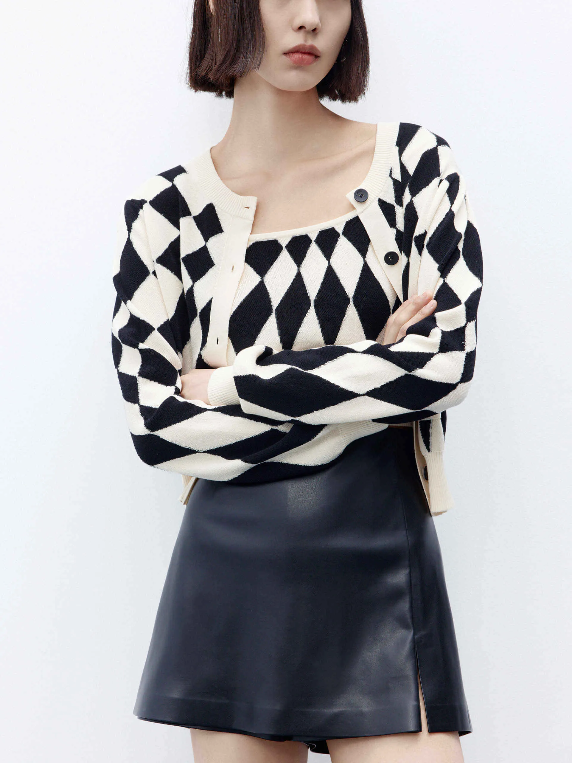 Argyle Check Cardigan with Vest