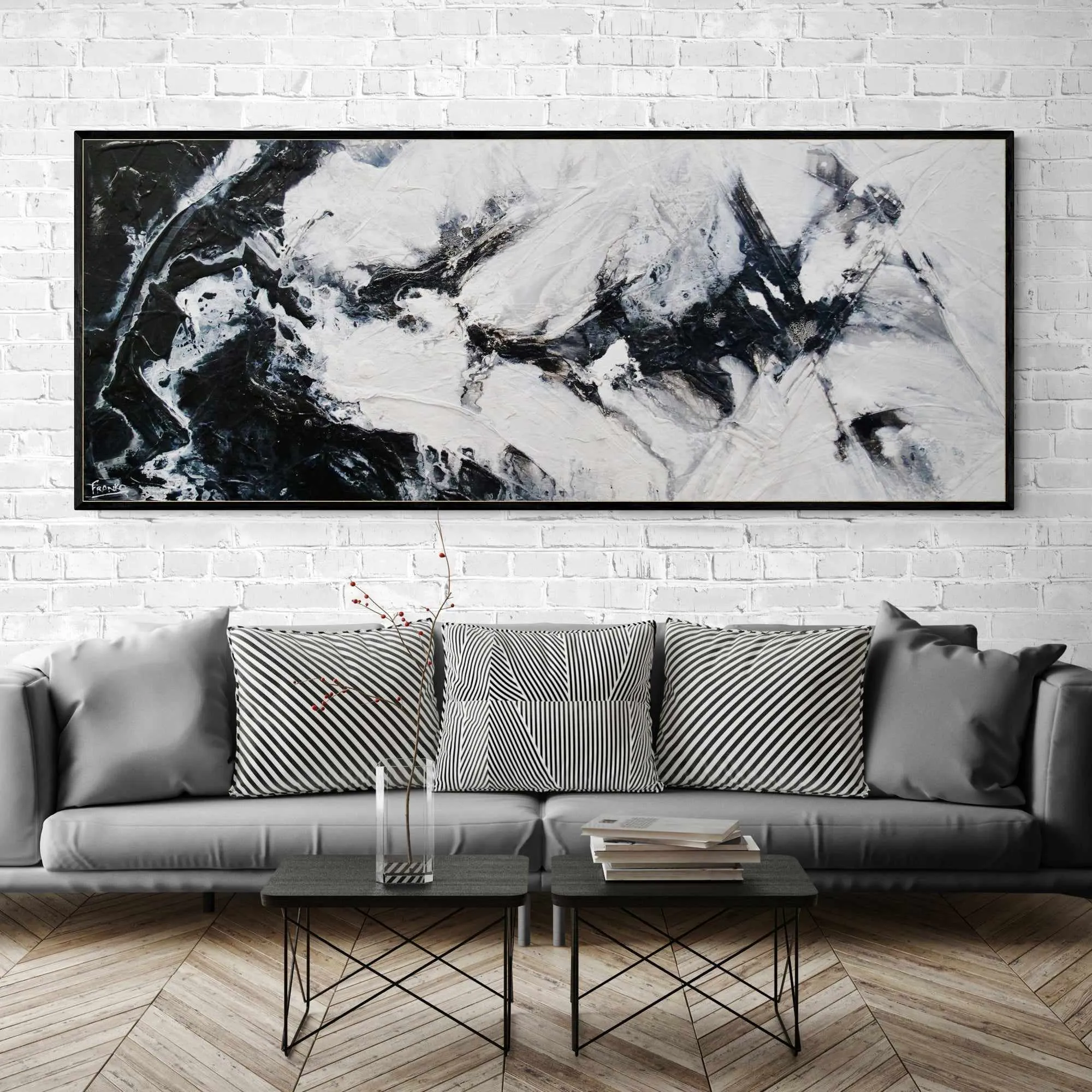 Black Pearl 200cm x 80cm Black White Textured Abstract Painting (SOLD)