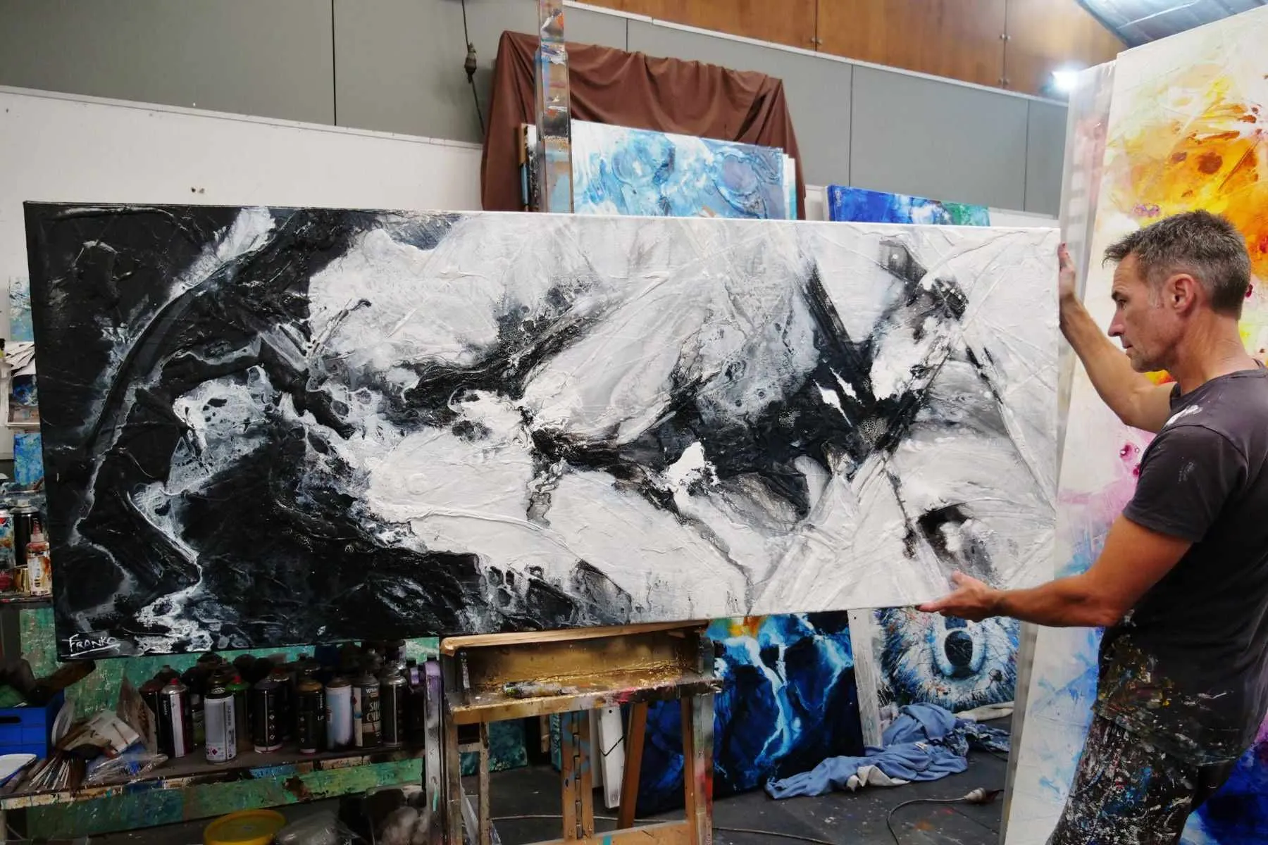 Black Pearl 200cm x 80cm Black White Textured Abstract Painting (SOLD)