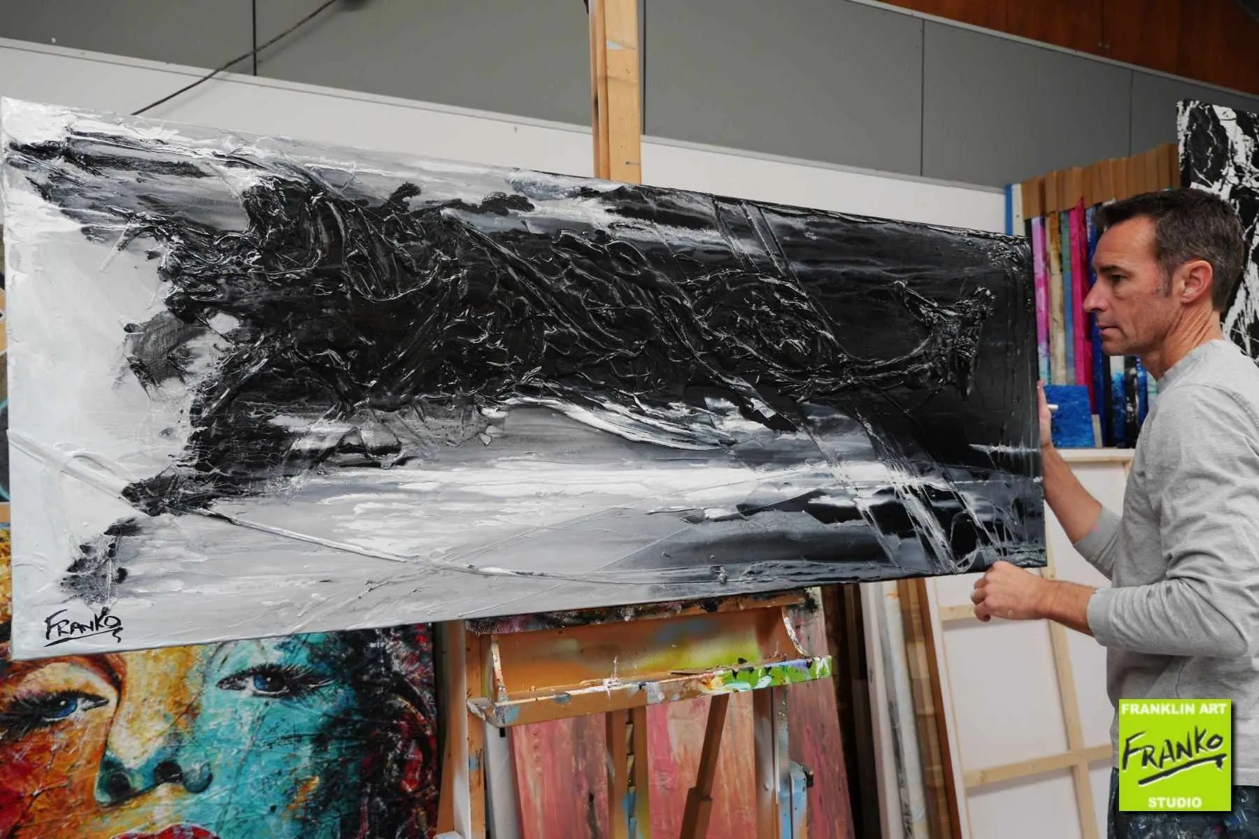 Blackish Grey 160cm x 60cm Black Grey Textured Abstract Painting (SOLD)