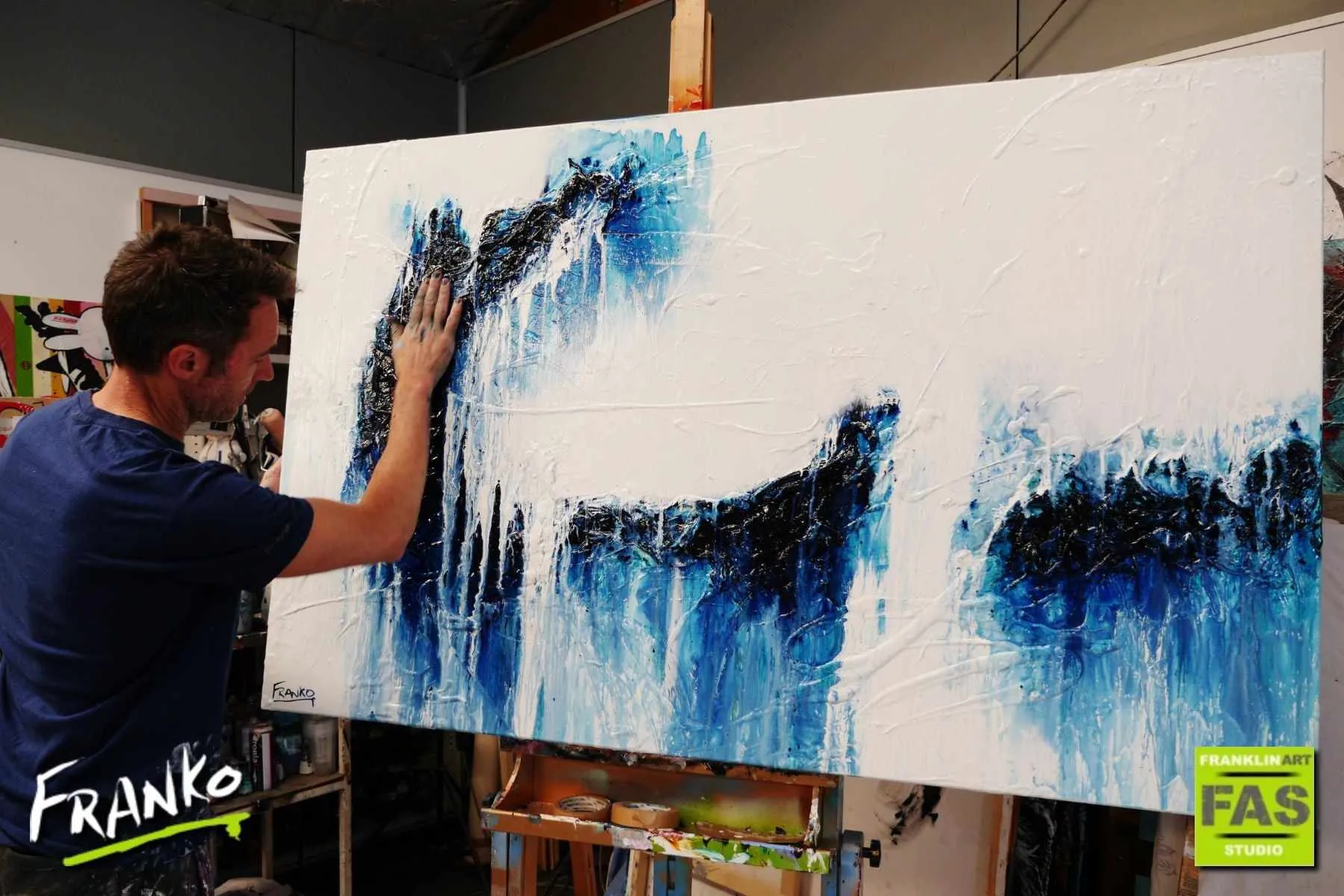 Blue Monty 160cm x 100cm Blue White Textured Abstract Painting