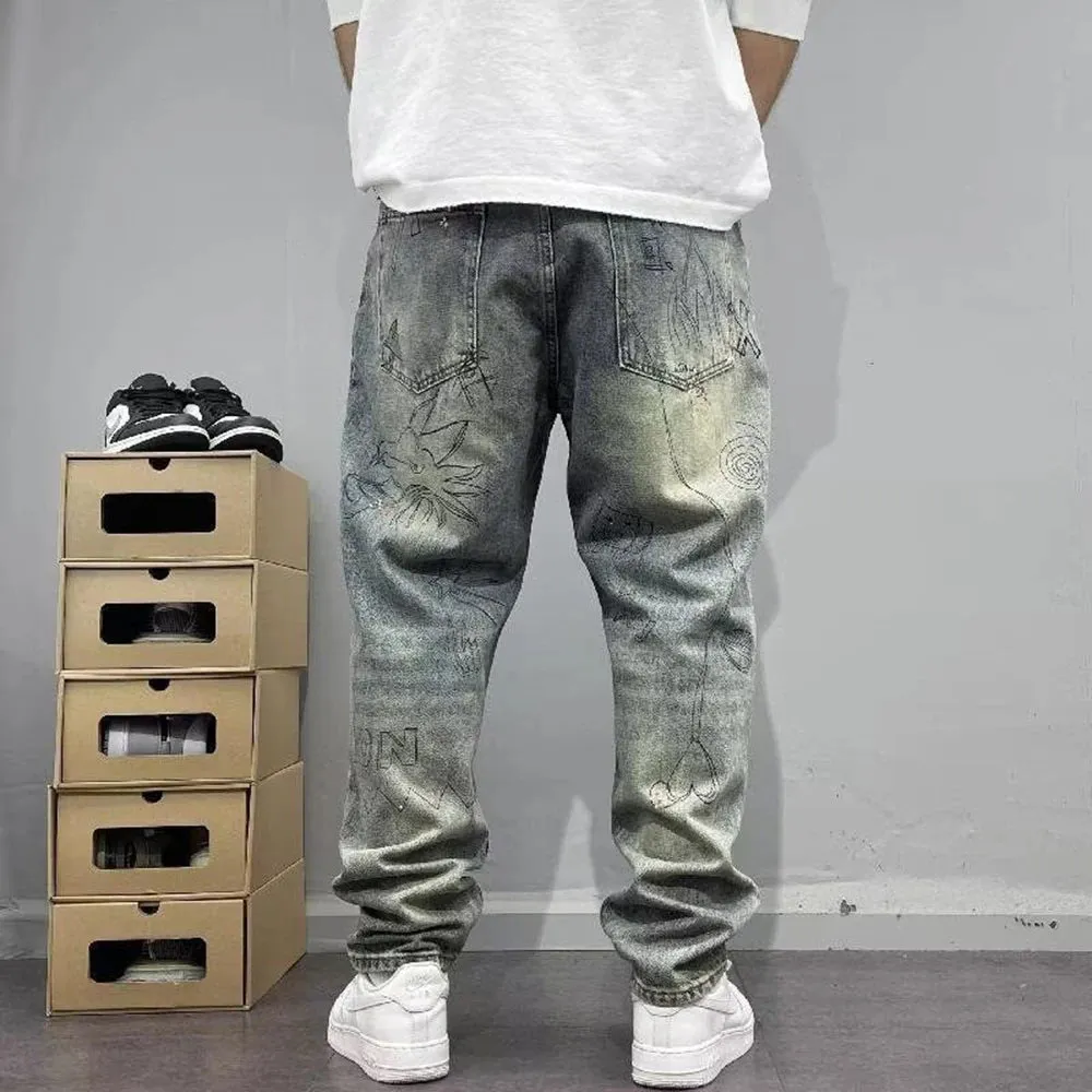 Bonsir American Street Retro Personality Trend Print Jeans Autumn Winter Fashion Loose Washed Trousers High Street Trend Y2k Pants Men