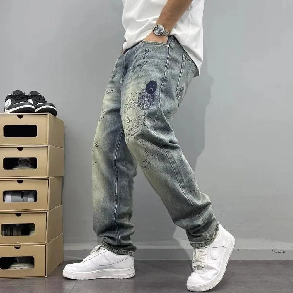 Bonsir American Street Retro Personality Trend Print Jeans Autumn Winter Fashion Loose Washed Trousers High Street Trend Y2k Pants Men