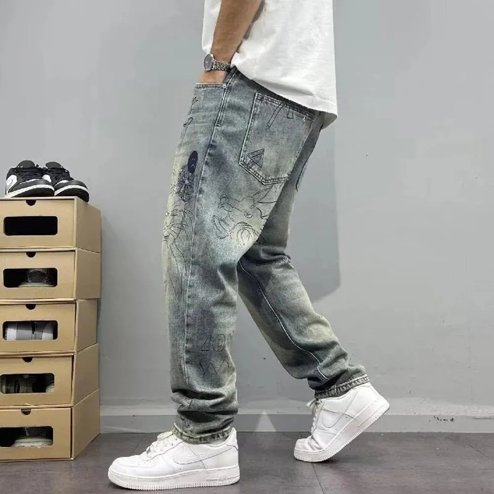 Bonsir American Street Retro Personality Trend Print Jeans Autumn Winter Fashion Loose Washed Trousers High Street Trend Y2k Pants Men