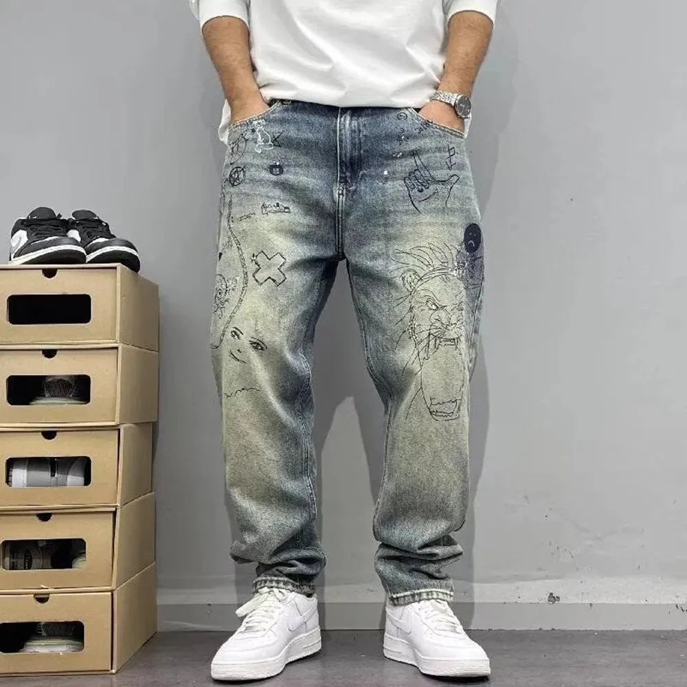Bonsir American Street Retro Personality Trend Print Jeans Autumn Winter Fashion Loose Washed Trousers High Street Trend Y2k Pants Men