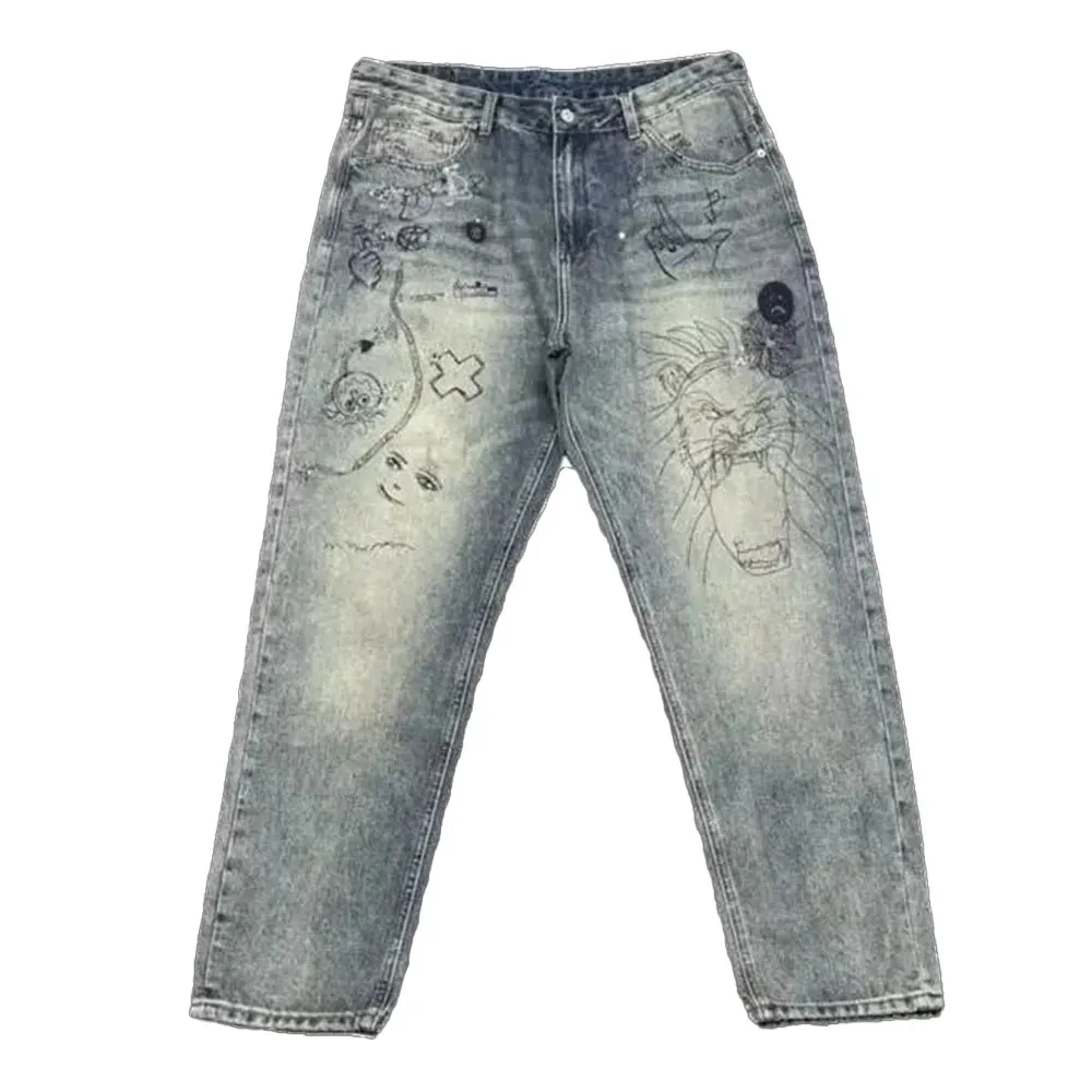 Bonsir American Street Retro Personality Trend Print Jeans Autumn Winter Fashion Loose Washed Trousers High Street Trend Y2k Pants Men