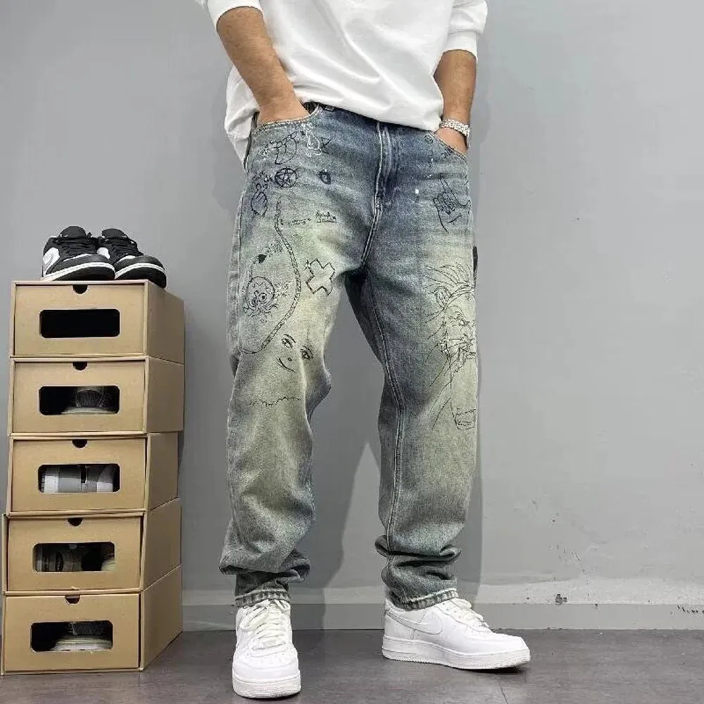 Bonsir American Street Retro Personality Trend Print Jeans Autumn Winter Fashion Loose Washed Trousers High Street Trend Y2k Pants Men