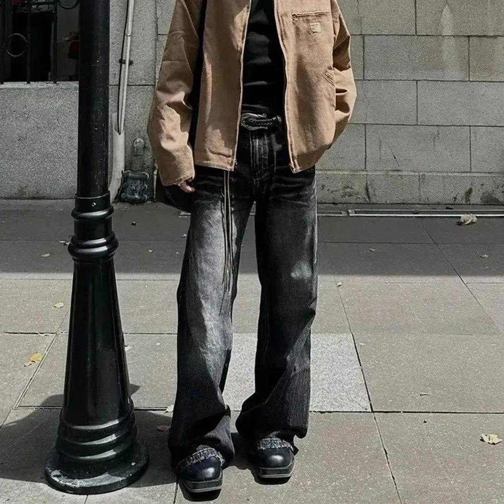 Bonsir American Street Retro Striped Jeans Men 2024 New Fashion All-Match Straight Loose Wide-Leg Pants Casual Loose Mopping Trousers
