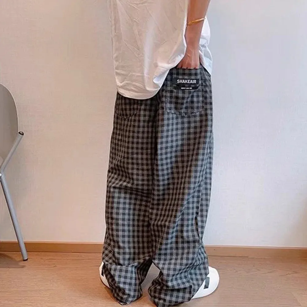 Bonsir Men Y2k Black Gray Contrast Plaid Casual Pants Daily Streetwear Casual Personality Versatile Comfortable Straight Pants Men 2024