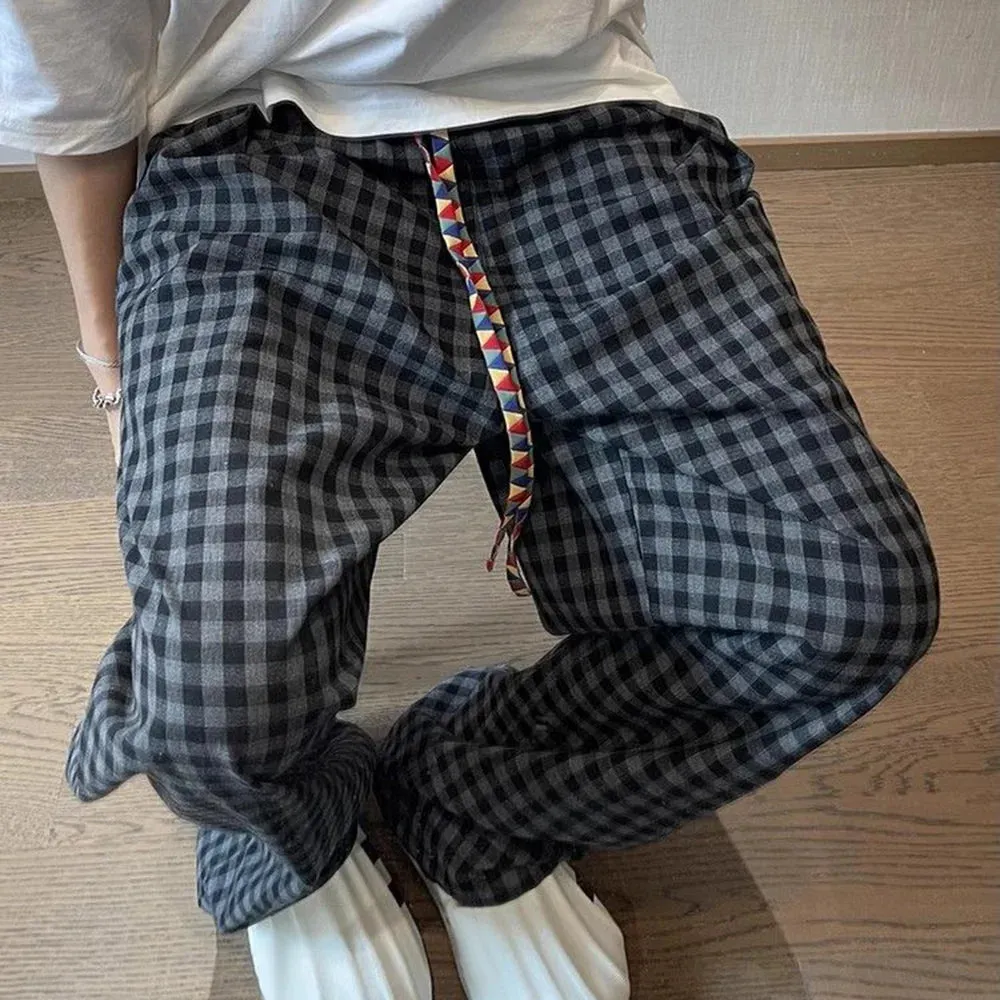 Bonsir Men Y2k Black Gray Contrast Plaid Casual Pants Daily Streetwear Casual Personality Versatile Comfortable Straight Pants Men 2024