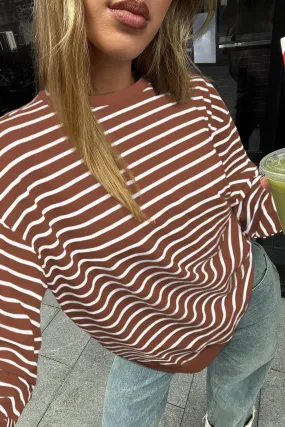 Burgundy Striped Long Sleeve Round Neck Loose Fit Sweatshirt