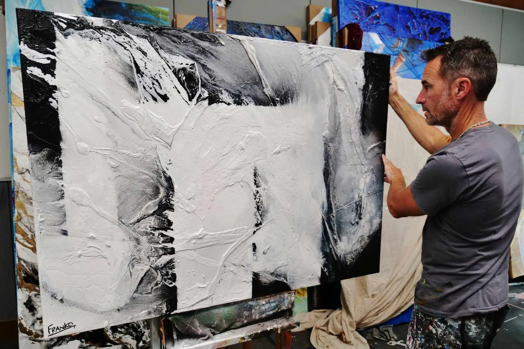 Carbon Fibre 140cm x 100cm Black White Textured Abstract Painting (SOLD)
