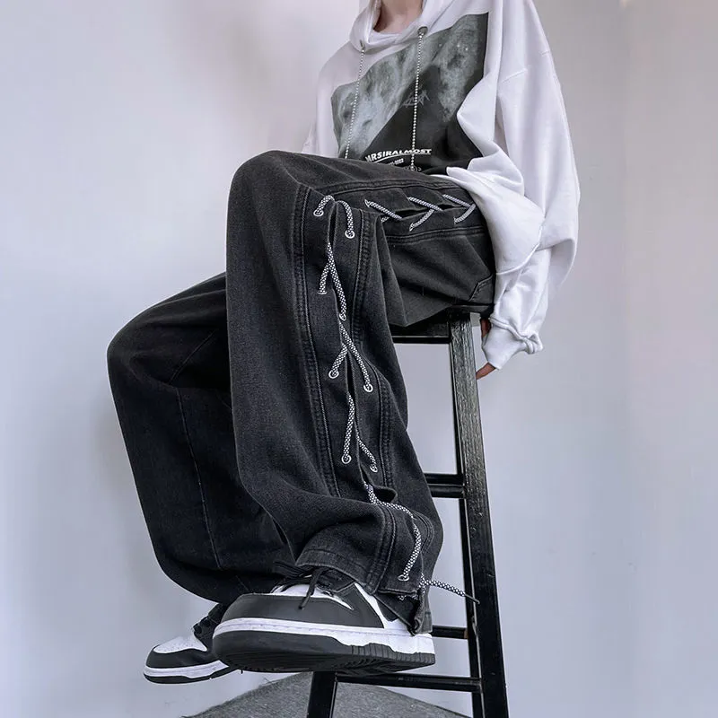 Cross Ribbon Jeans Men's Baggy Designer Denim Pants Fashion Y2K Gothic Streetwear Korean Clothing Male Trousers