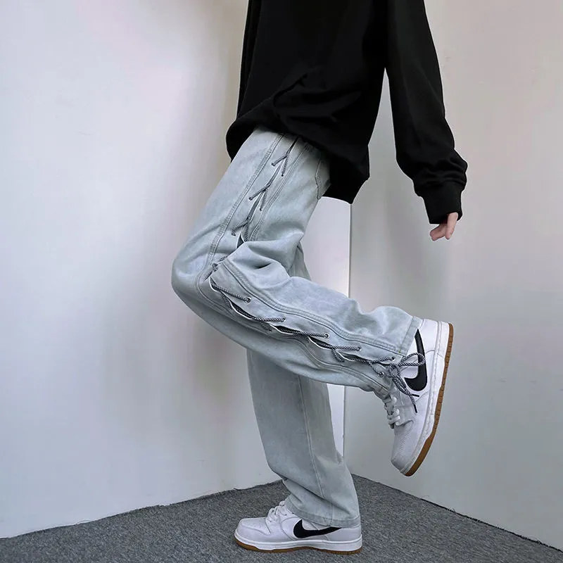 Cross Ribbon Jeans Men's Baggy Designer Denim Pants Fashion Y2K Gothic Streetwear Korean Clothing Male Trousers
