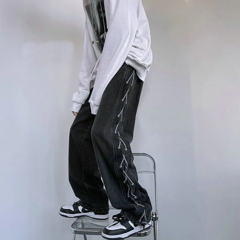 Cross Ribbon Jeans Men's Baggy Designer Denim Pants Fashion Y2K Gothic Streetwear Korean Clothing Male Trousers