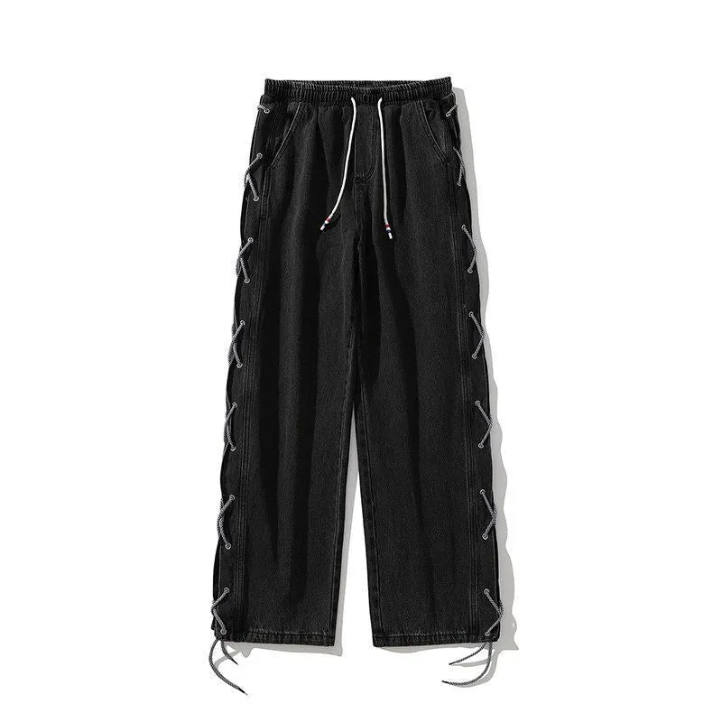 Cross Ribbon Jeans Men's Baggy Designer Denim Pants Fashion Y2K Gothic Streetwear Korean Clothing Male Trousers