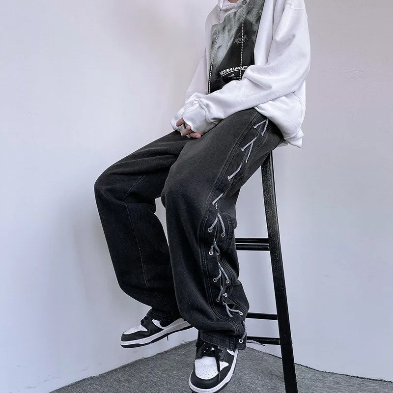 Cross Ribbon Jeans Men's Baggy Designer Denim Pants Fashion Y2K Gothic Streetwear Korean Clothing Male Trousers