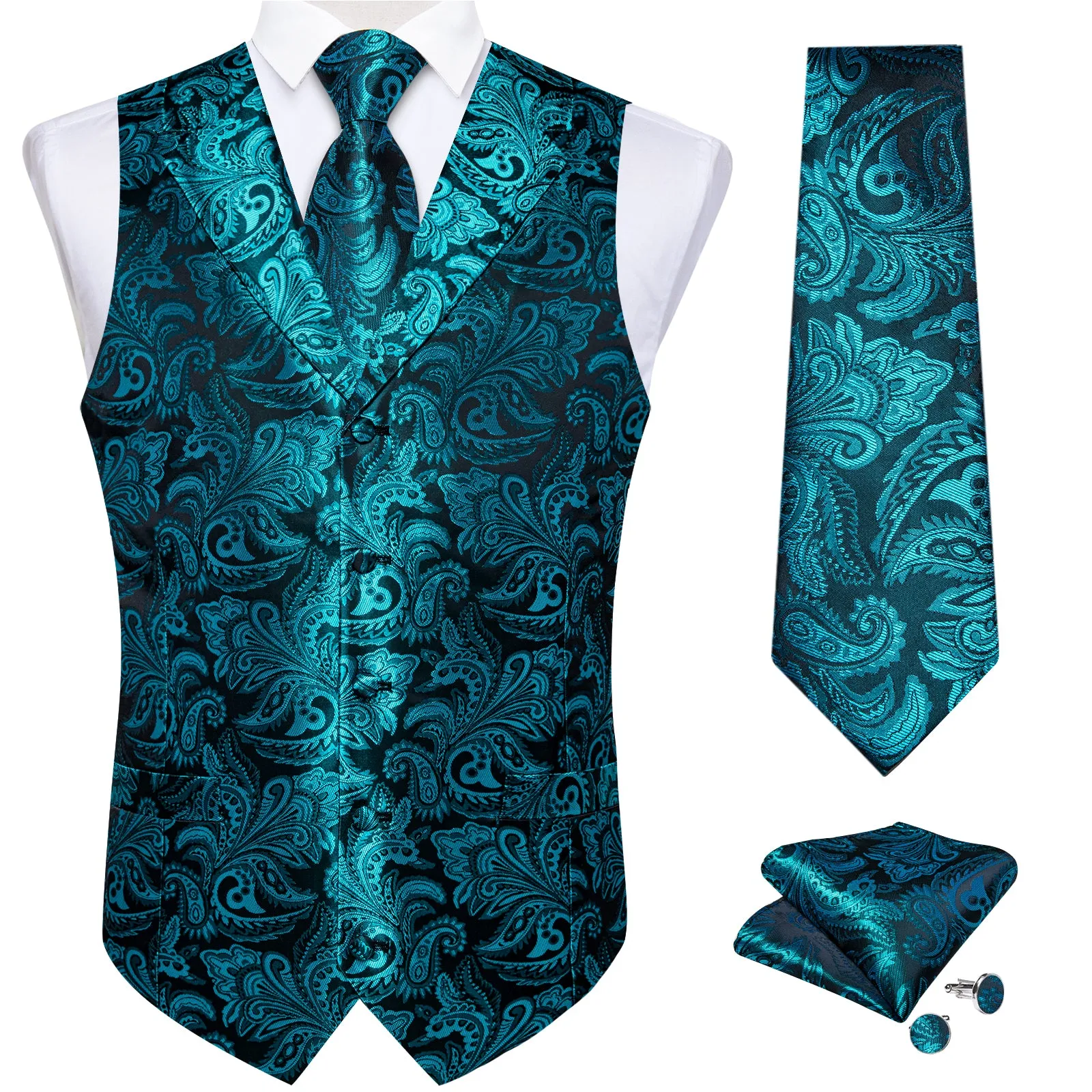 DiBanGu Notched Collar Vest Teal Floral Jacquard V Neck Mens Waistcoat Vest Tie Handkerchief Cufflinks Set