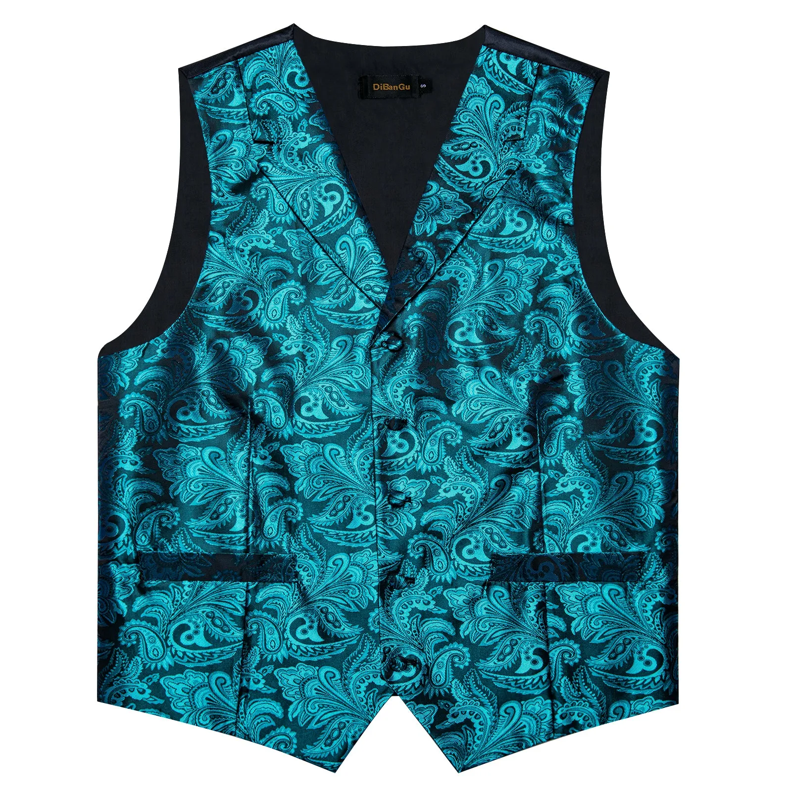 DiBanGu Notched Collar Vest Teal Floral Jacquard V Neck Mens Waistcoat Vest Tie Handkerchief Cufflinks Set