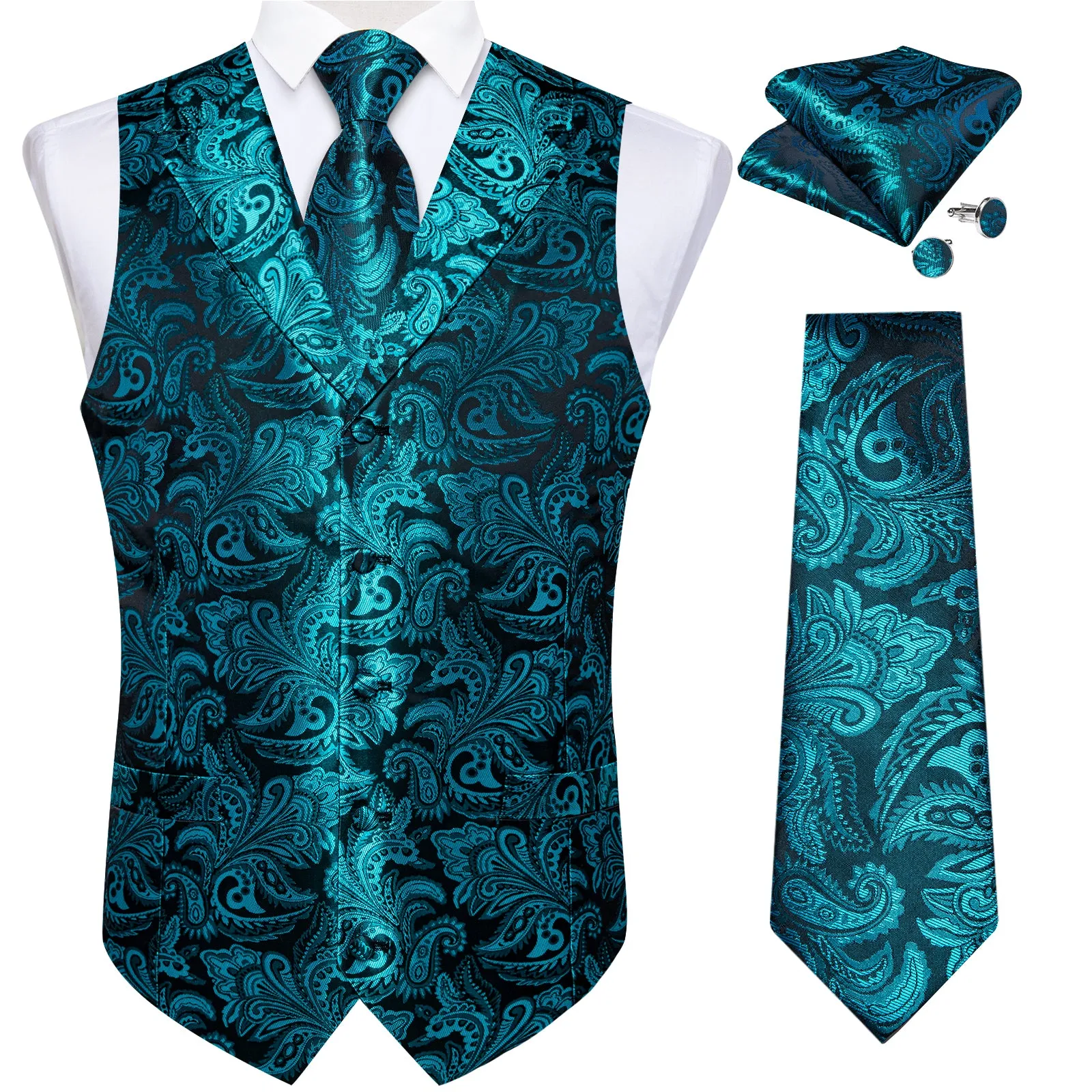 DiBanGu Notched Collar Vest Teal Floral Jacquard V Neck Mens Waistcoat Vest Tie Handkerchief Cufflinks Set