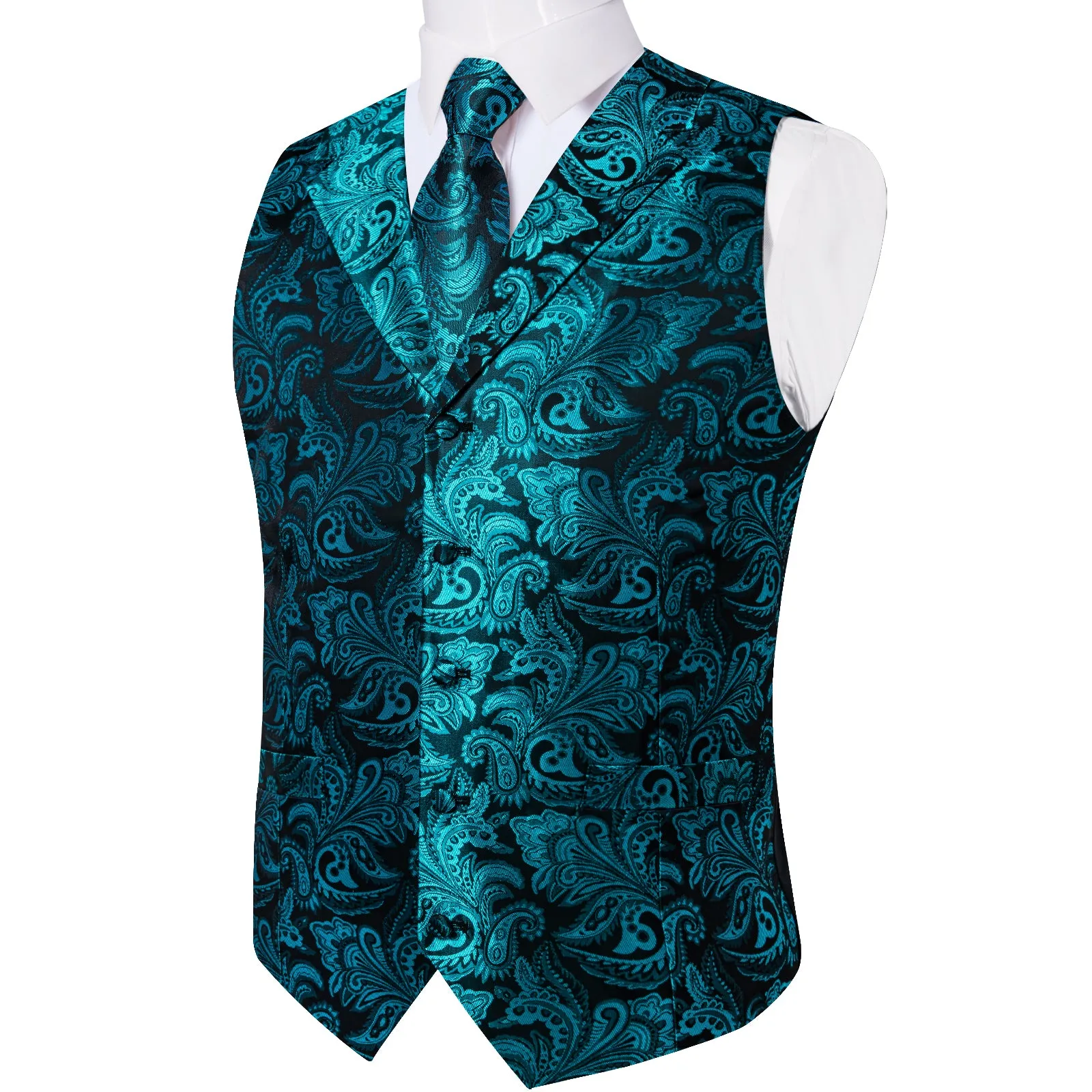 DiBanGu Notched Collar Vest Teal Floral Jacquard V Neck Mens Waistcoat Vest Tie Handkerchief Cufflinks Set