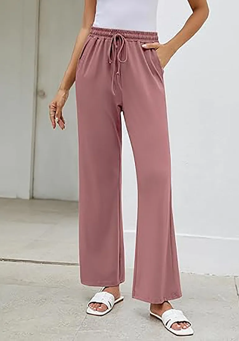 Dusty Rose Women's Casual Elastic Waist Full Length Relaxed Fit Stretch Wide Leg Pants Side Pocket