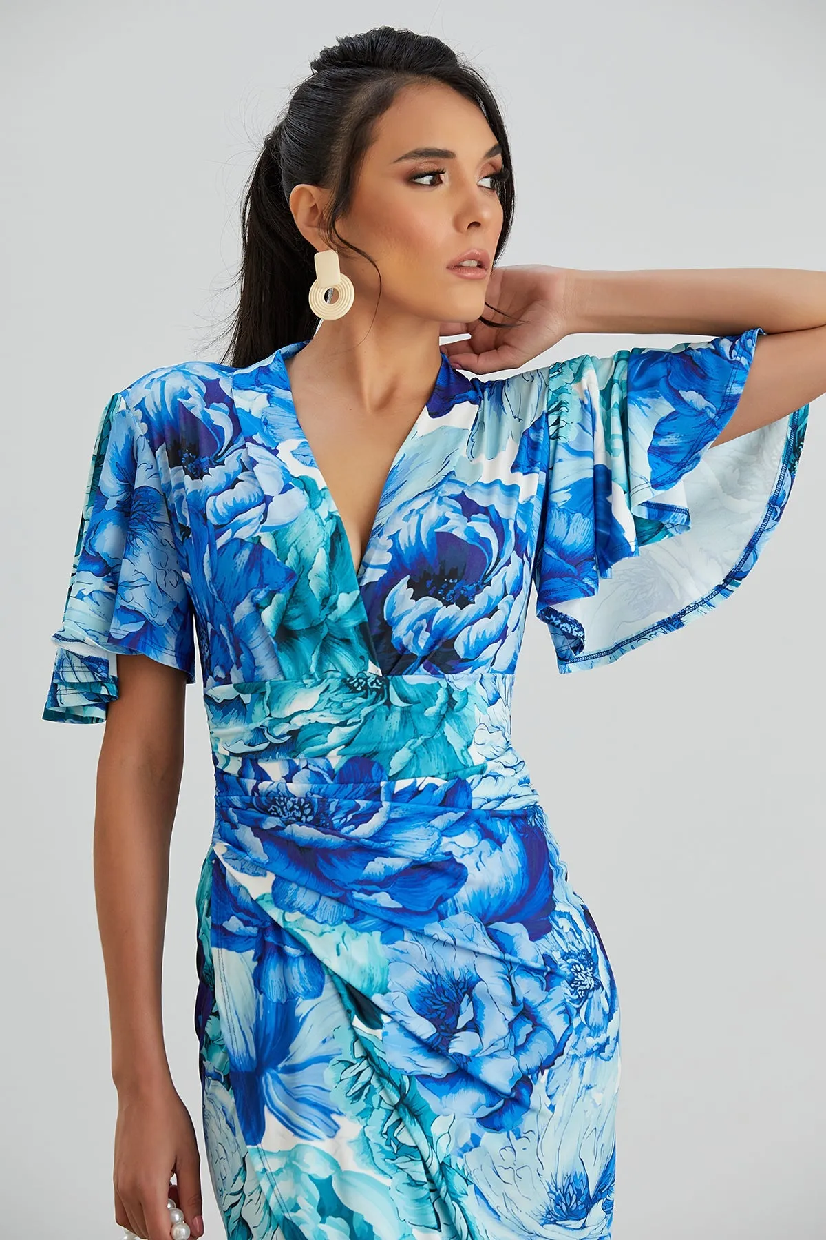 Forever Angel Sleeve Dress in Blue Floral print