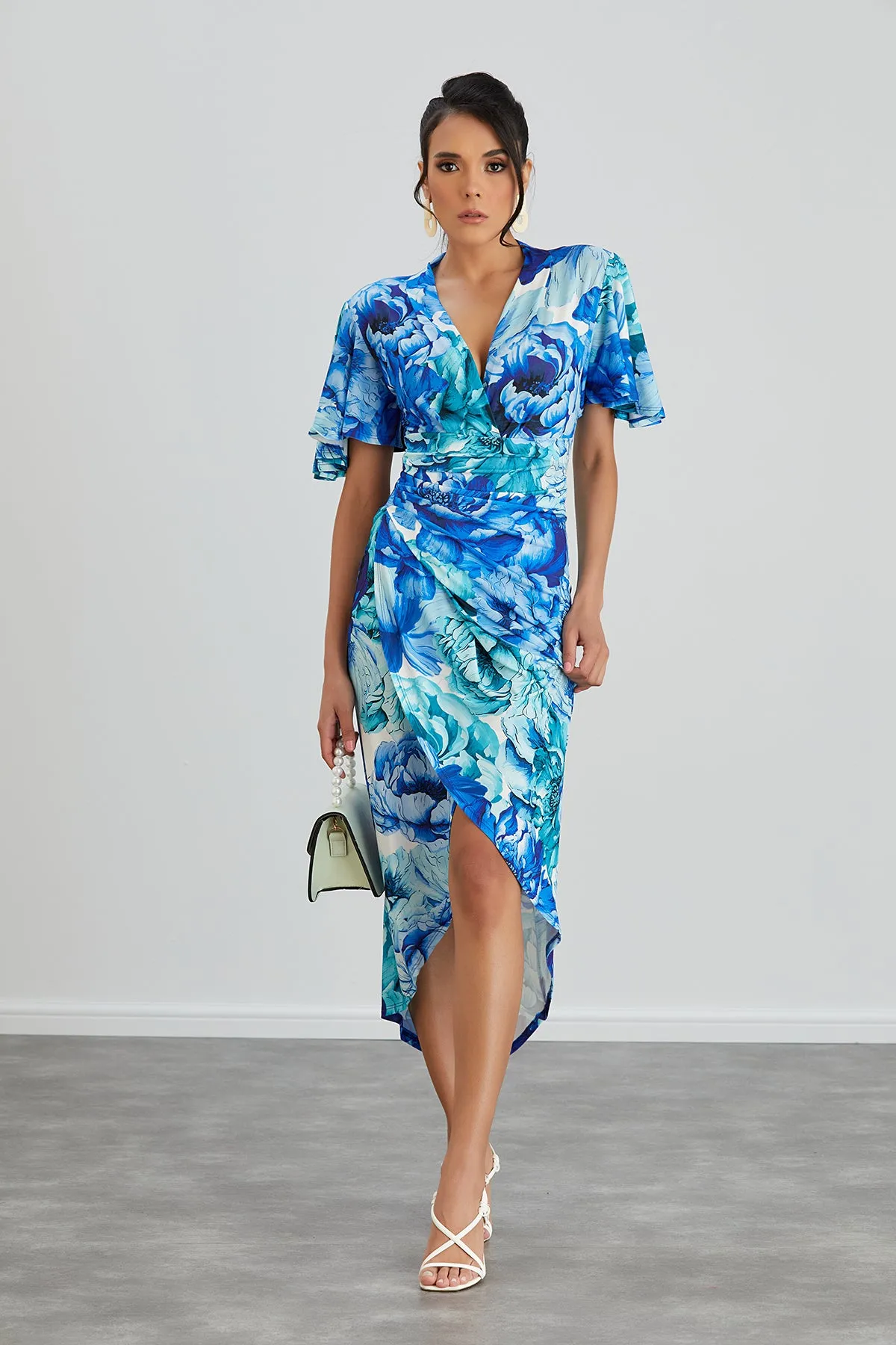 Forever Angel Sleeve Dress in Blue Floral print