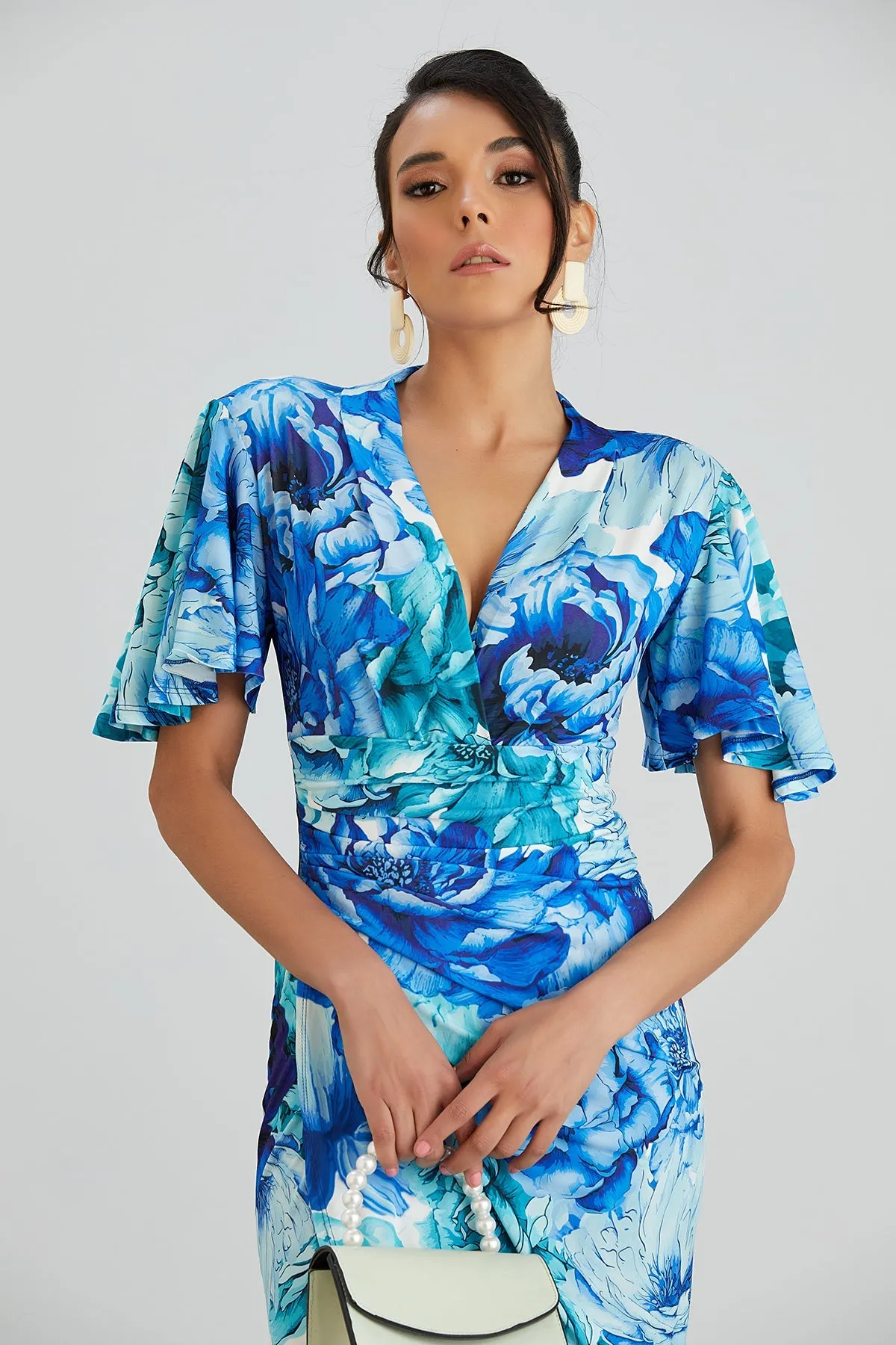 Forever Angel Sleeve Dress in Blue Floral print