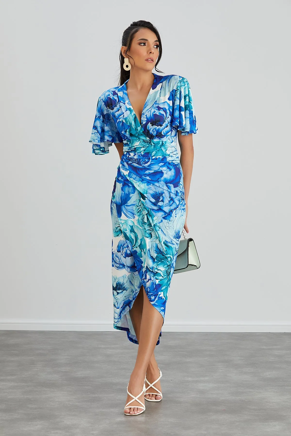 Forever Angel Sleeve Dress in Blue Floral print