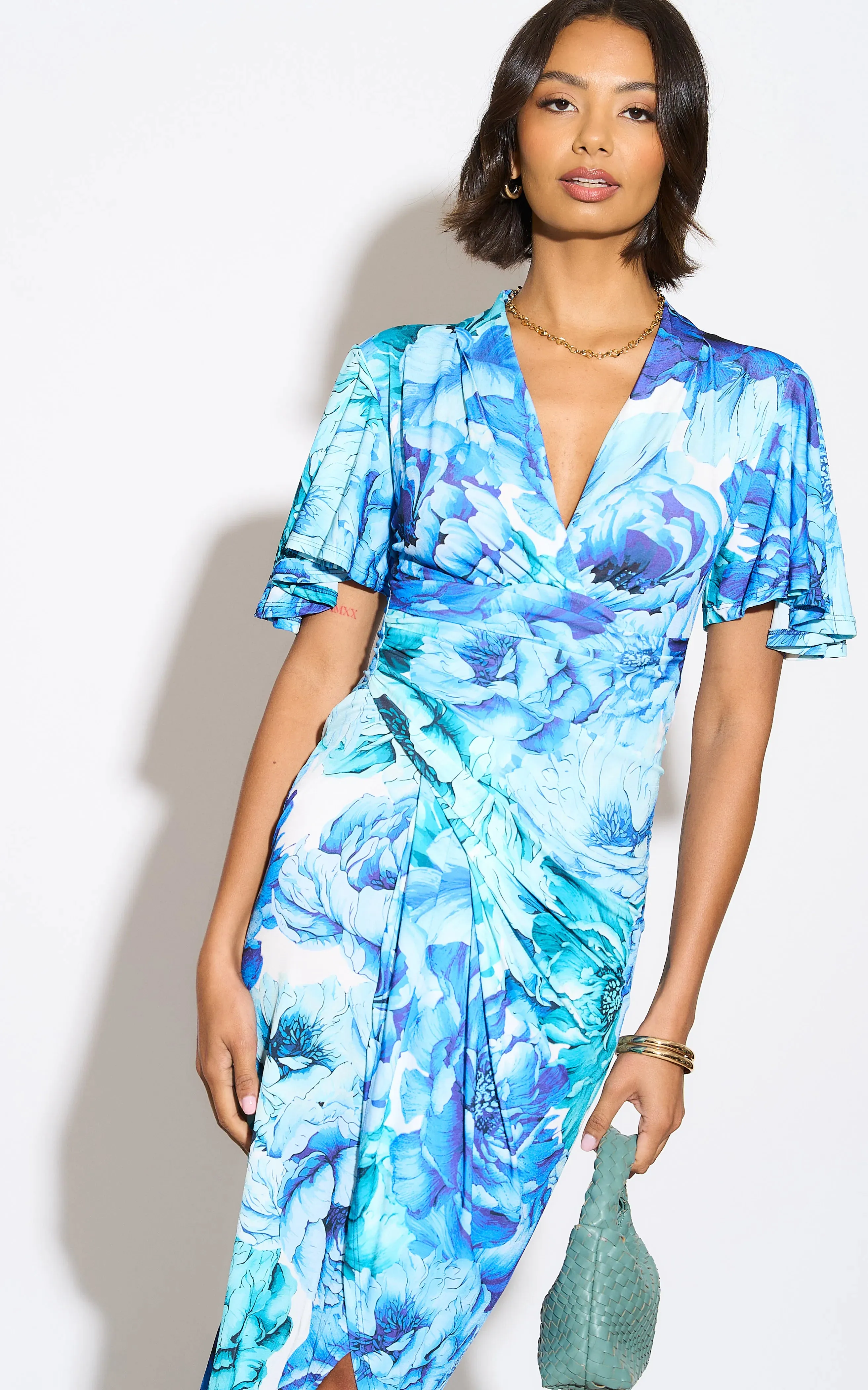 Forever Angel Sleeve Dress in Blue Floral print