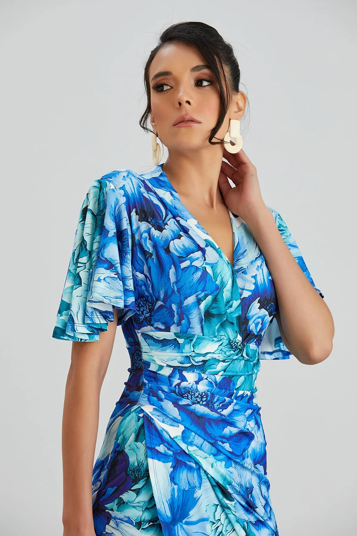 Forever Angel Sleeve Dress in Blue Floral print
