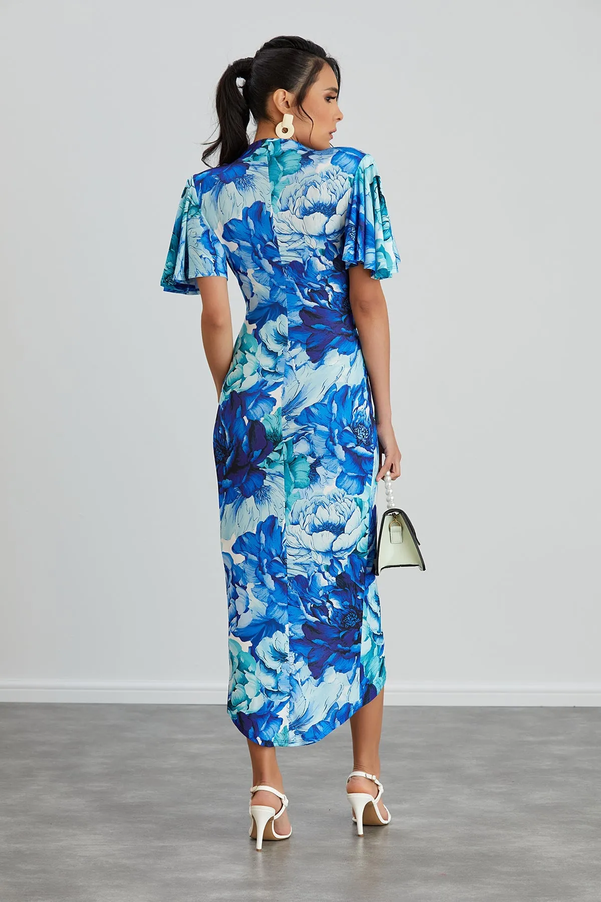 Forever Angel Sleeve Dress in Blue Floral print