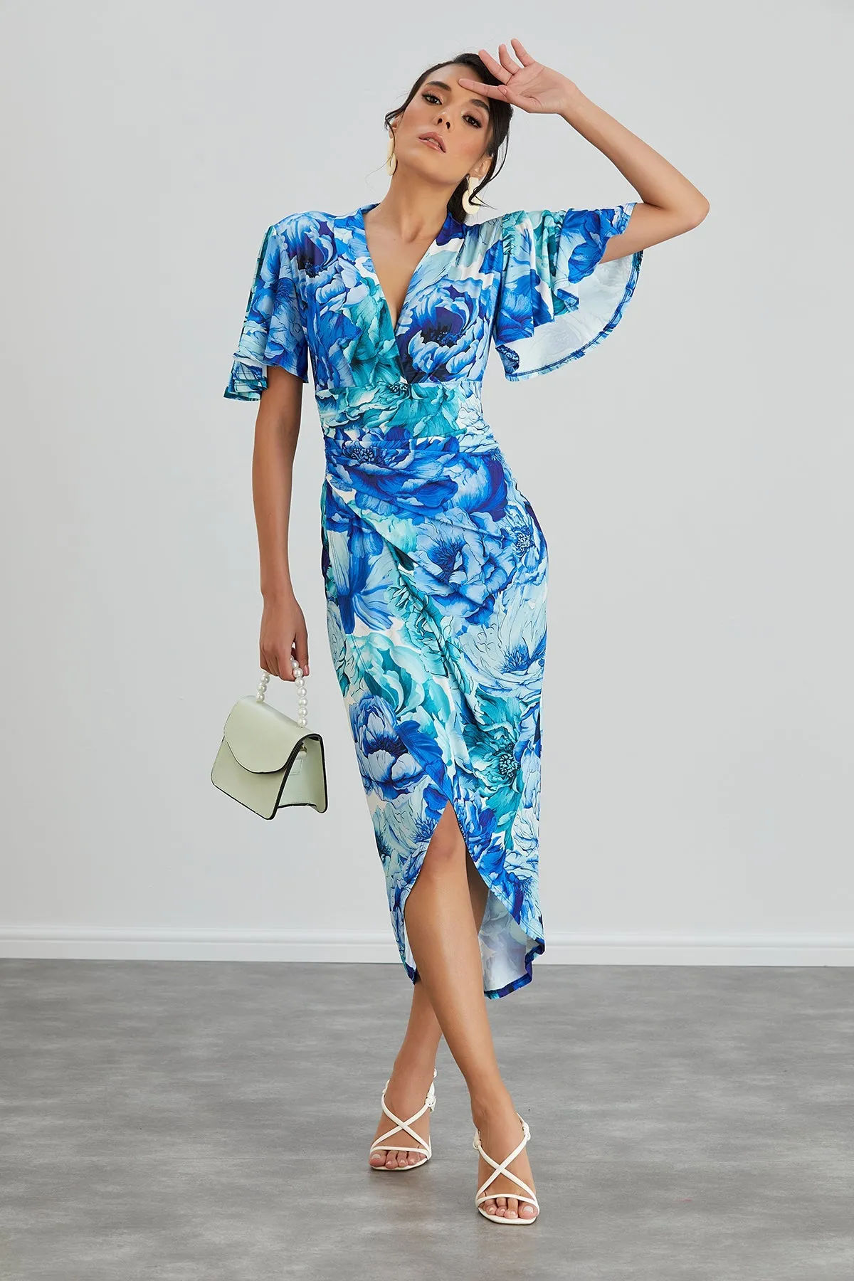 Forever Angel Sleeve Dress in Blue Floral print