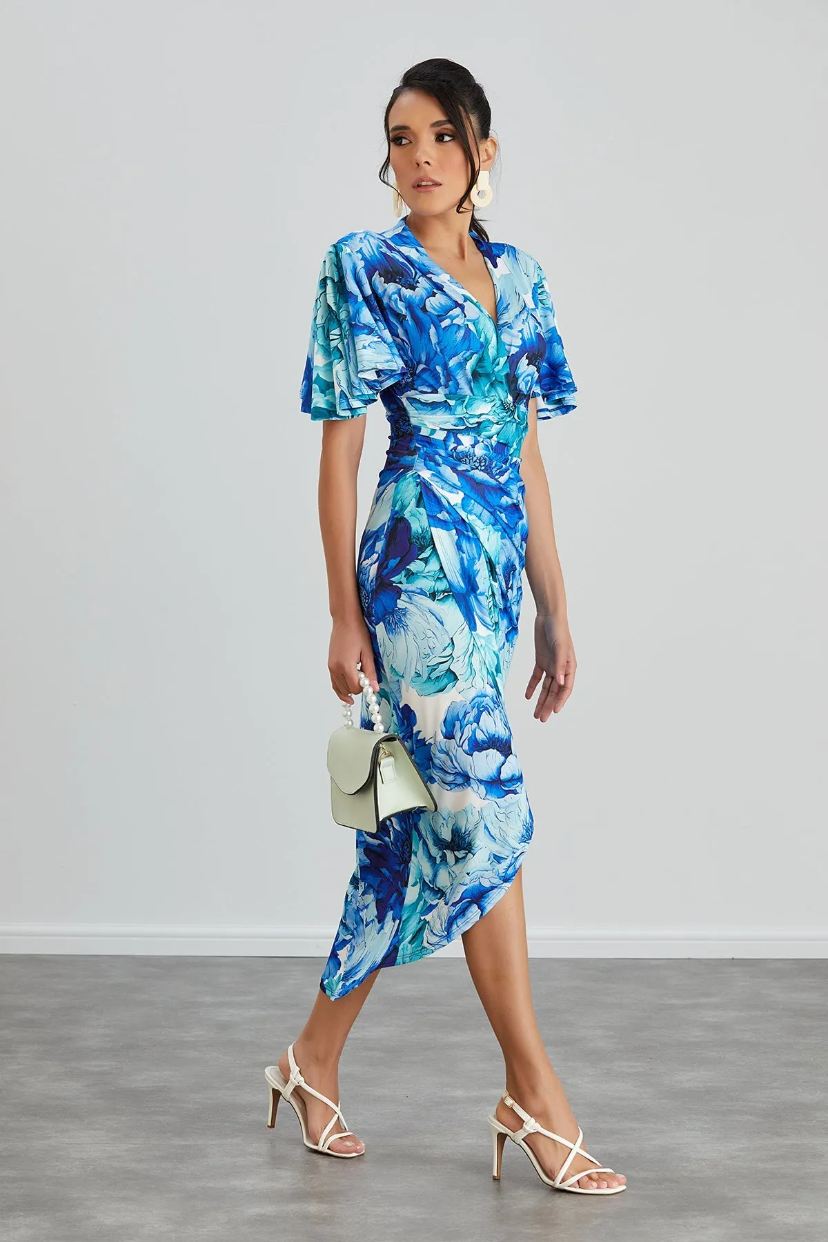 Forever Angel Sleeve Dress in Blue Floral print