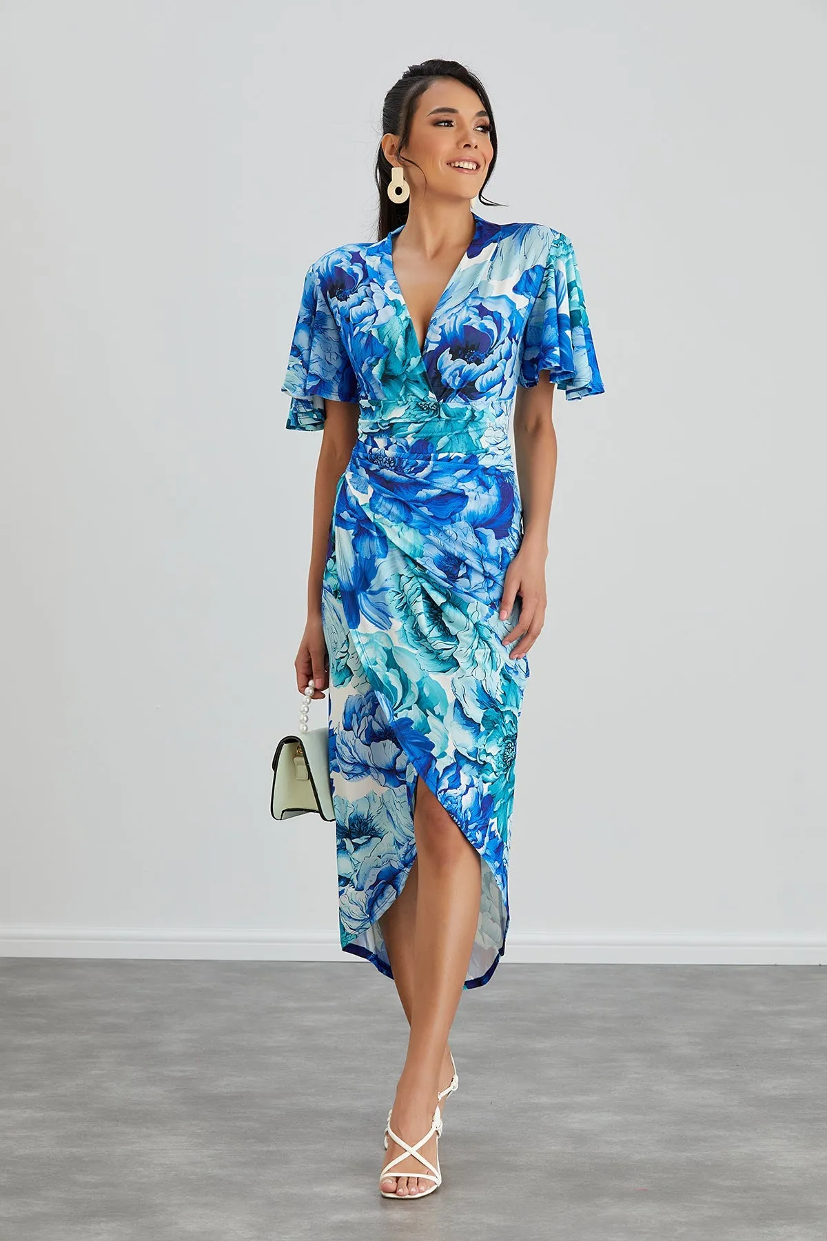 Forever Angel Sleeve Dress in Blue Floral print