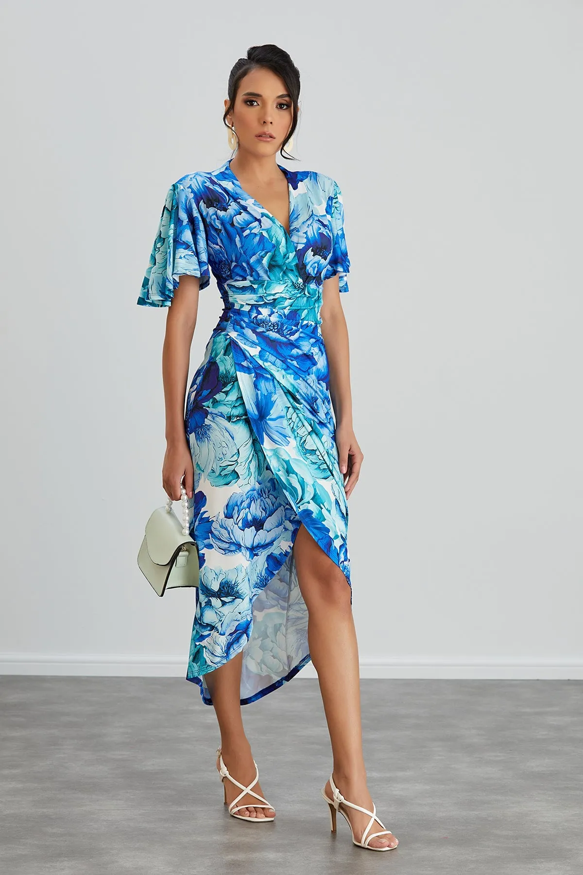 Forever Angel Sleeve Dress in Blue Floral print