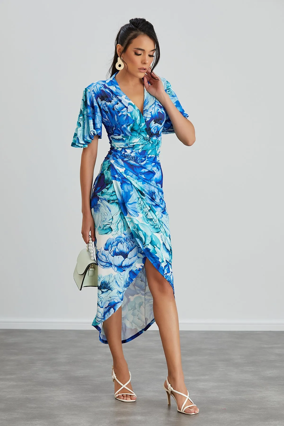 Forever Angel Sleeve Dress in Blue Floral print