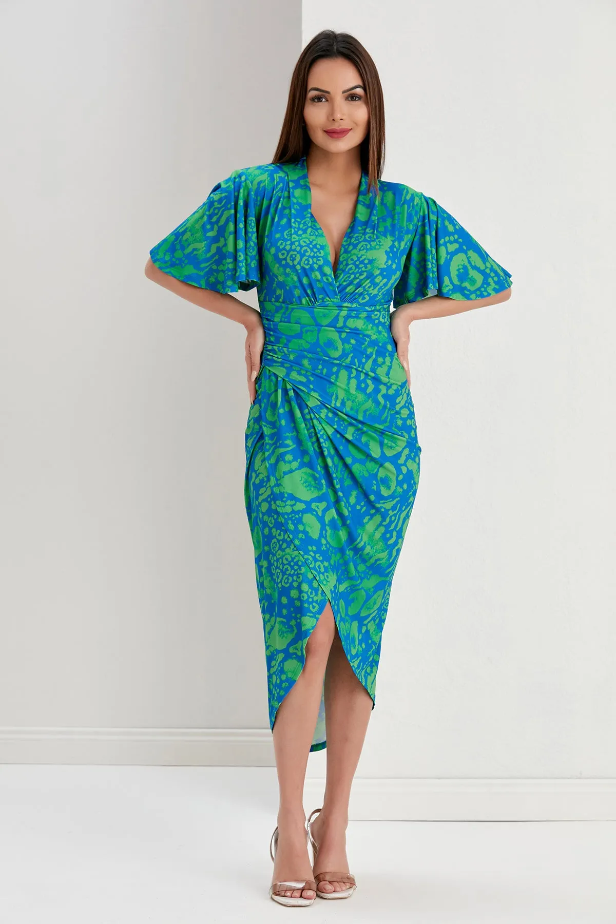 Forever Angel Sleeve Dress in Tropical Green print