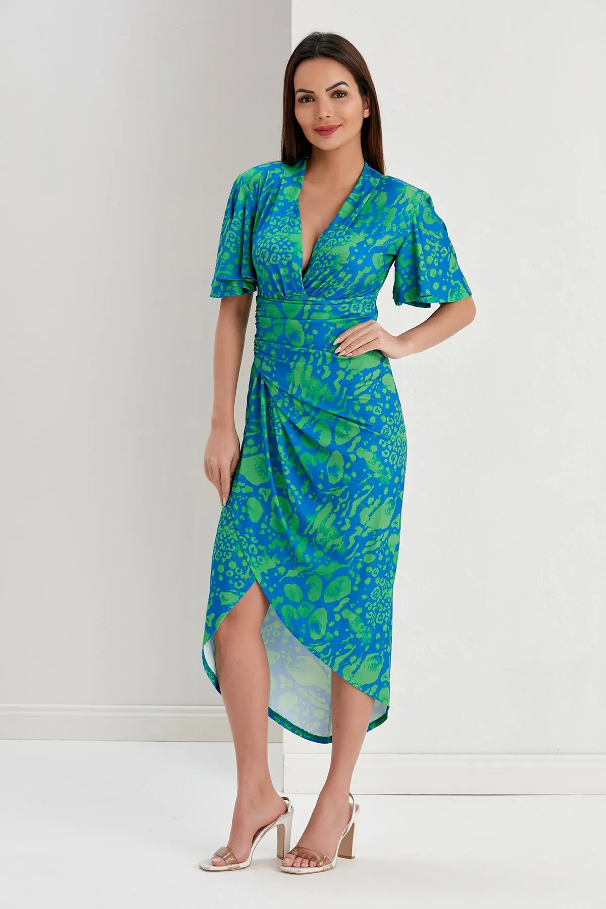 Forever Angel Sleeve Dress in Tropical Green print