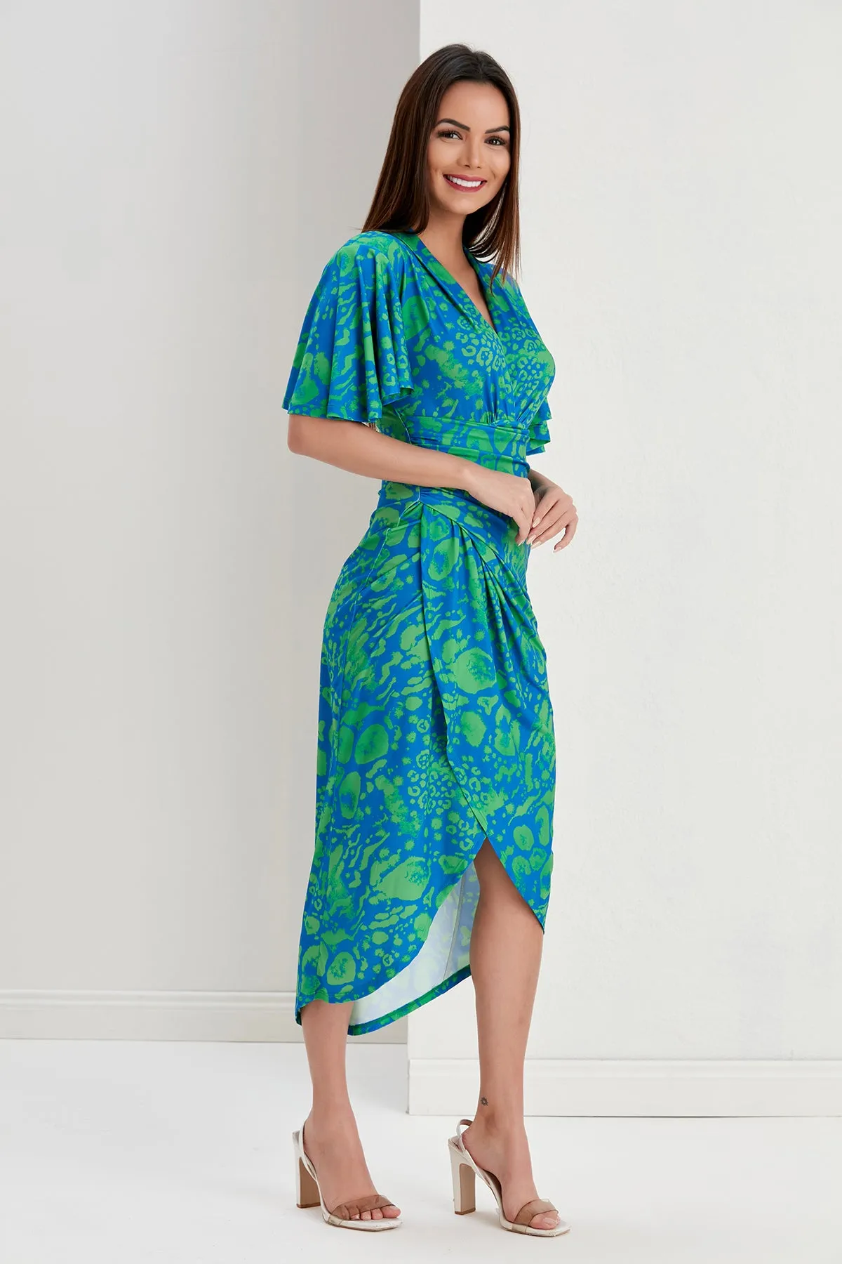 Forever Angel Sleeve Dress in Tropical Green print