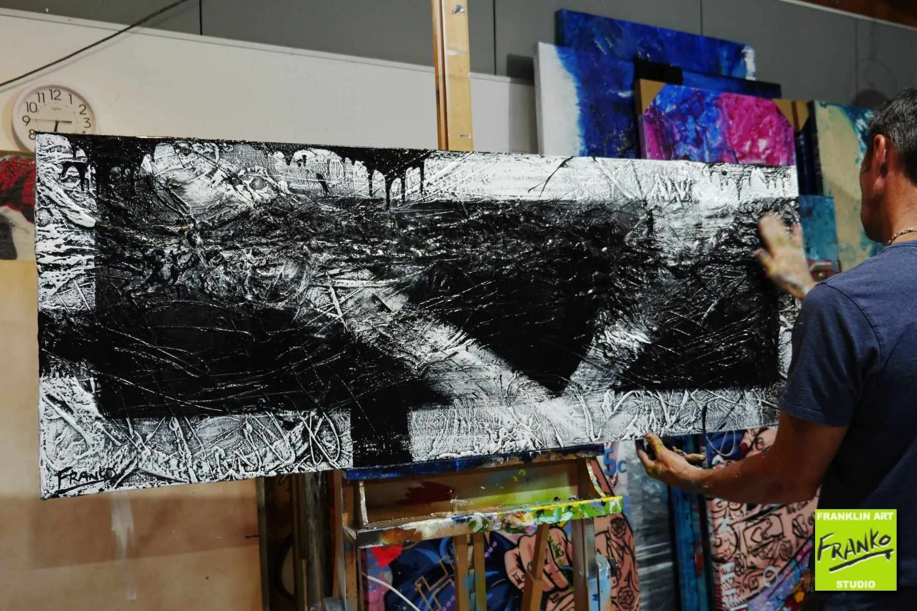Geometric Swagger 160cm x 60cm Black White Textured Abstract Painting (SOLD)