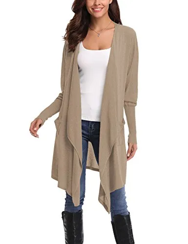 Gilet Long Femme Cardigan Asymetrique Laine Drapé Veste Longue Femme Manches Longues Ouvert avec Poches Tailleur Longue Outwear Gilet Irregulier Femme, Abricot, XL