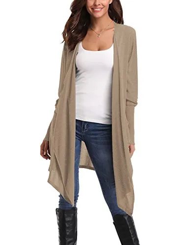 Gilet Long Femme Cardigan Asymetrique Laine Drapé Veste Longue Femme Manches Longues Ouvert avec Poches Tailleur Longue Outwear Gilet Irregulier Femme, Abricot, XL