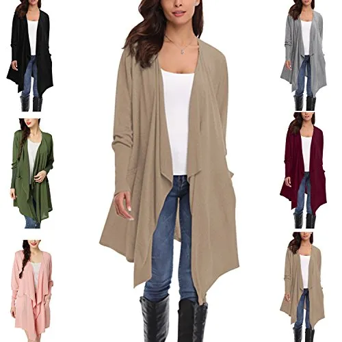Gilet Long Femme Cardigan Asymetrique Laine Drapé Veste Longue Femme Manches Longues Ouvert avec Poches Tailleur Longue Outwear Gilet Irregulier Femme, Abricot, XL
