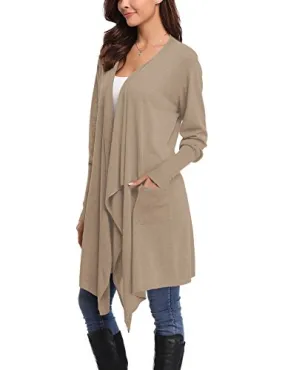 Gilet Long Femme Cardigan Asymetrique Laine Drapé Veste Longue Femme Manches Longues Ouvert avec Poches Tailleur Longue Outwear Gilet Irregulier Femme, Abricot, XL