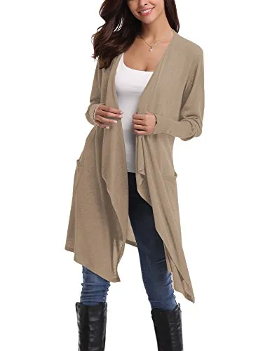 Gilet Long Femme Cardigan Asymetrique Laine Drapé Veste Longue Femme Manches Longues Ouvert avec Poches Tailleur Longue Outwear Gilet Irregulier Femme, Abricot, XL