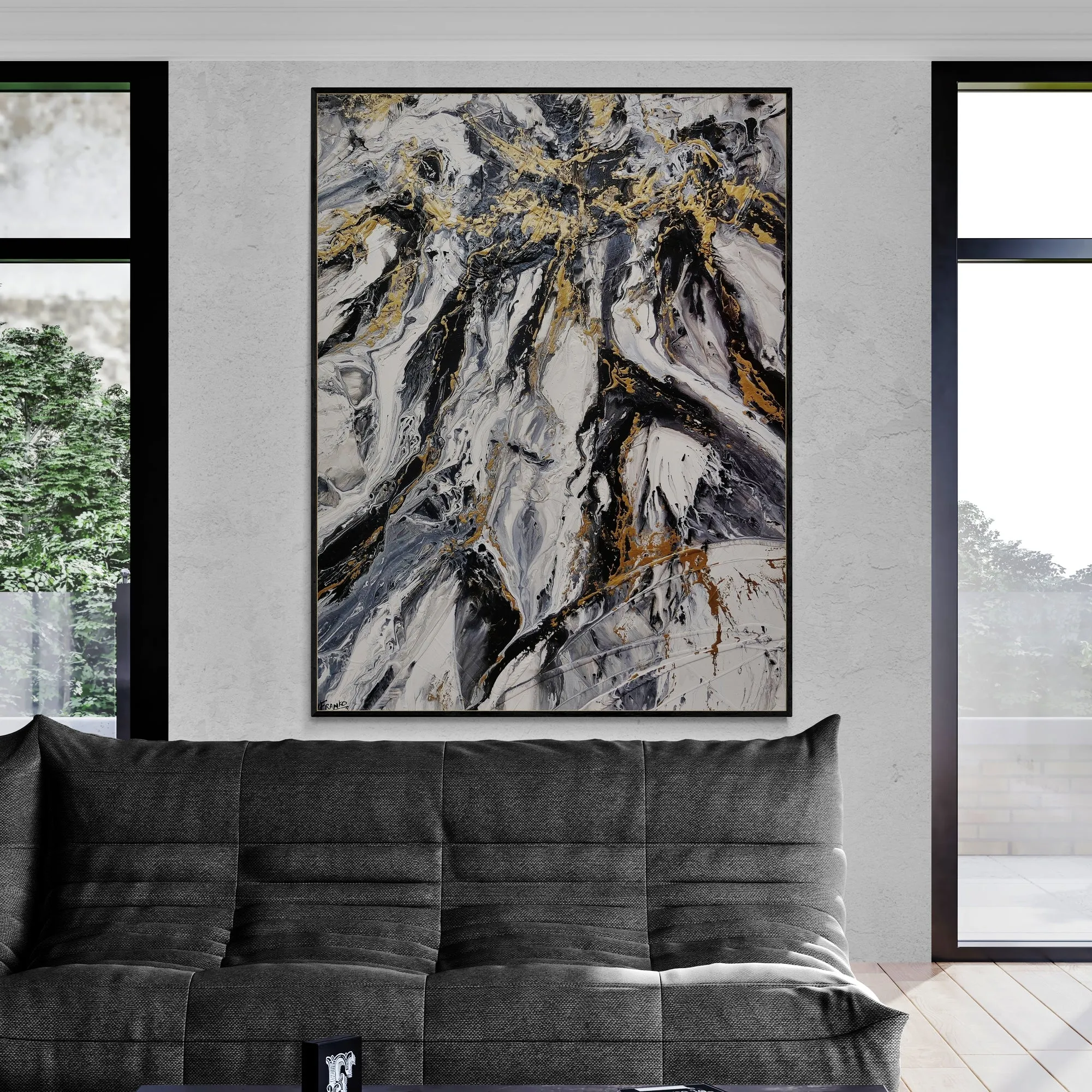 Glitz and Glamour 140cm x 180cm Black Gold White Textured Abstract Painting (SOLD)