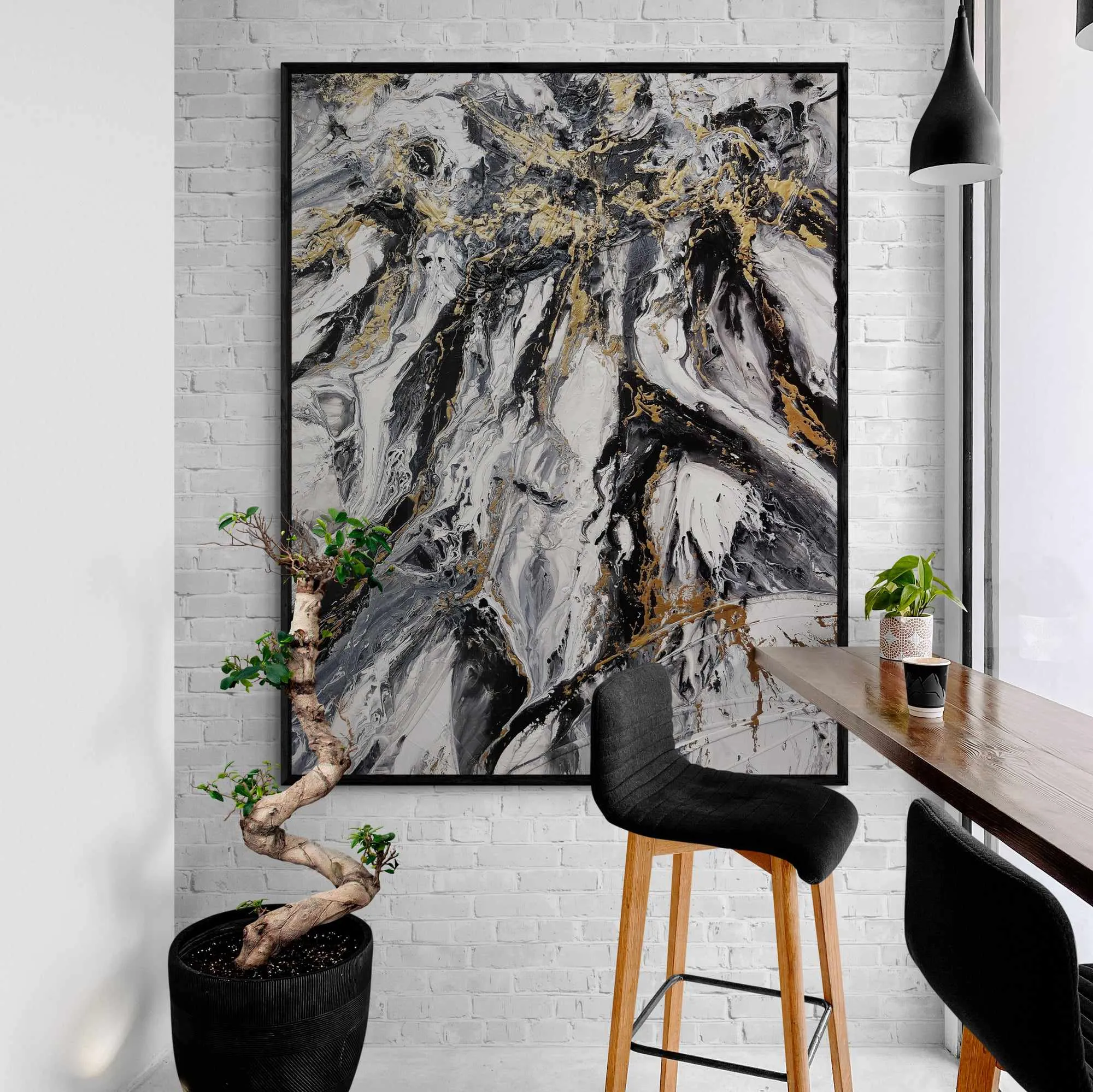Glitz and Glamour 140cm x 180cm Black Gold White Textured Abstract Painting (SOLD)